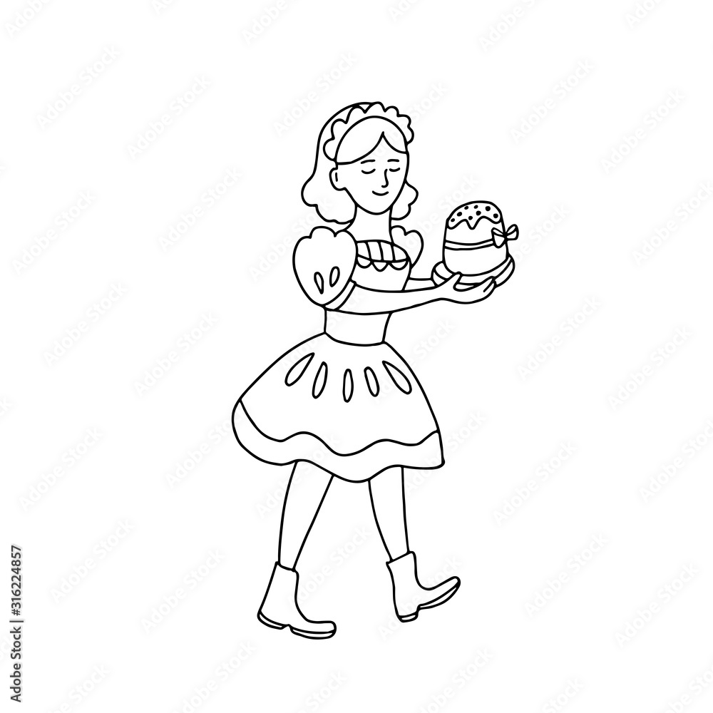 Hand drawn vector illustration of a nice girl bringing easter cake in doodle style isolated on white background. Great for Easter greeting cards, poster, coloring books. Hand drawn vector illustration of a nice girl bringing easter cake in doodle style isolated on white background. Great for Easter greeting cards, poster, coloring books.