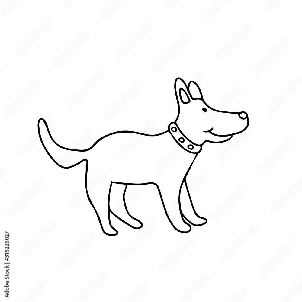 A cute friendly dog in doodle style. Isolated outline.  Hand drawn vector illustration in black ink on white background. Single picture for coloring books and logo design.