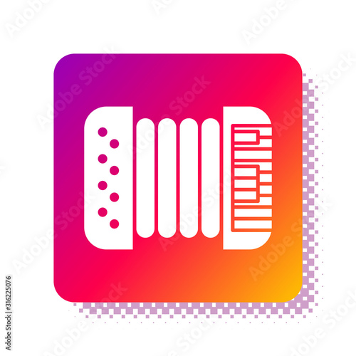 White Musical instrument accordion icon isolated on white background. Classical bayan, harmonic. Square color button. Vector Illustration
