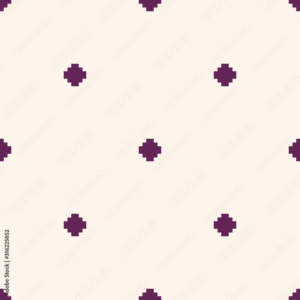 Vector minimalist floral geometric seamless pattern. Simple texture with small crosses, squares, flower silhouettes. Pixel art background. Purple and beige color. Subtle minimal repeatable design