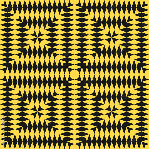 Abstract vector geometric checkered pattern. Seamless texture with diamond shapes, arrows. Optical illusion effect. Simple black and yellow background. Ethnic tribal style. Repeat decorative design