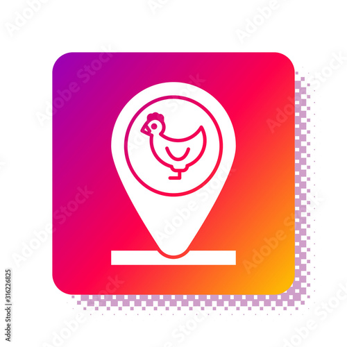 White Chicken farm and location icon isolated on white background. Square color button. Vector Illustration