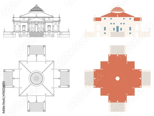 La Rotonda house in front and top view