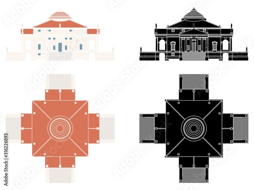 La Rotonda house in front and top view without outline