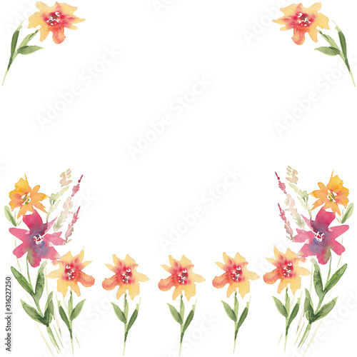 Background of watercolor flowers on a white background. Use for wedding invitations  birthdays  menus and decorations.