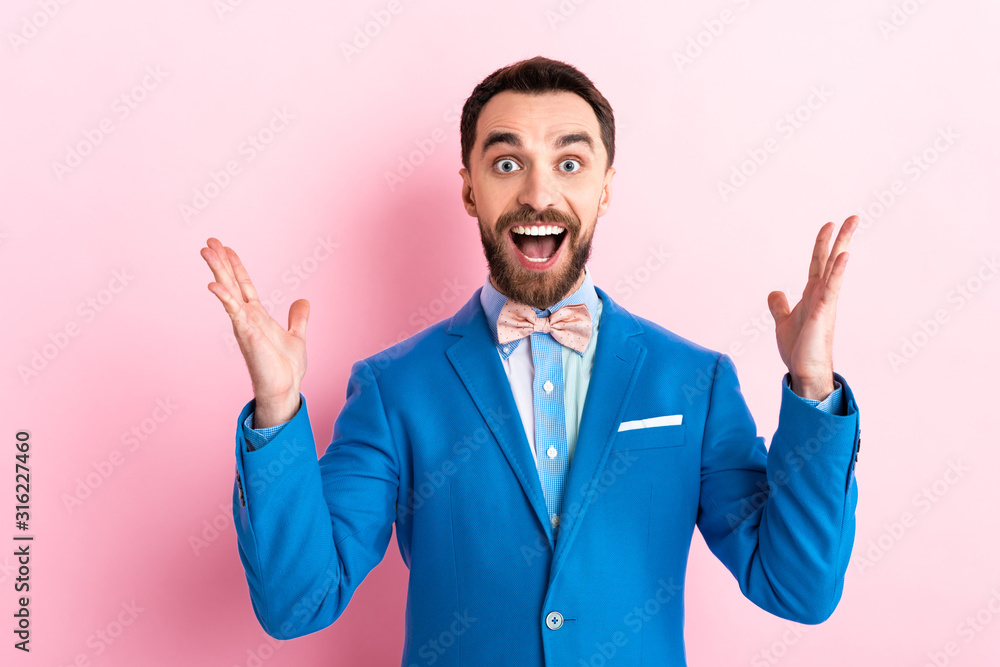 cheerful bearded businessman with opened mouth gesturing on pink cheerful bearded businessman with opened mouth gesturing on pink