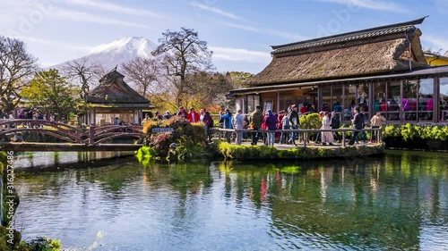 4k Time lapse of Tourists visiting Oshino Hakkai, Fuji mountain with Traditional Japanese style house at Oshino hakkai in Japan photo