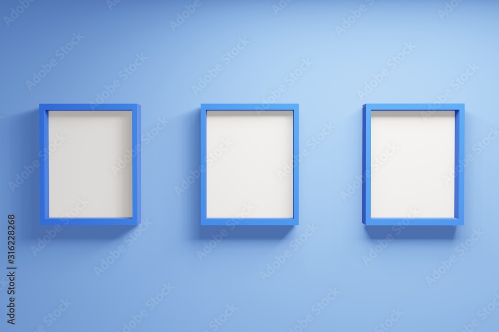 Empty three frames on dark blue. View from the front minimal interior concept. Empty product for photo or picture and advertising standing background. 3D render. Empty three frames on dark blue. View from the front minimal interior concept. Empty product for photo or picture and advertising standing background. 3D render.