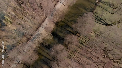 Aerial overhead shot river in the forest in winter in Poland. photo