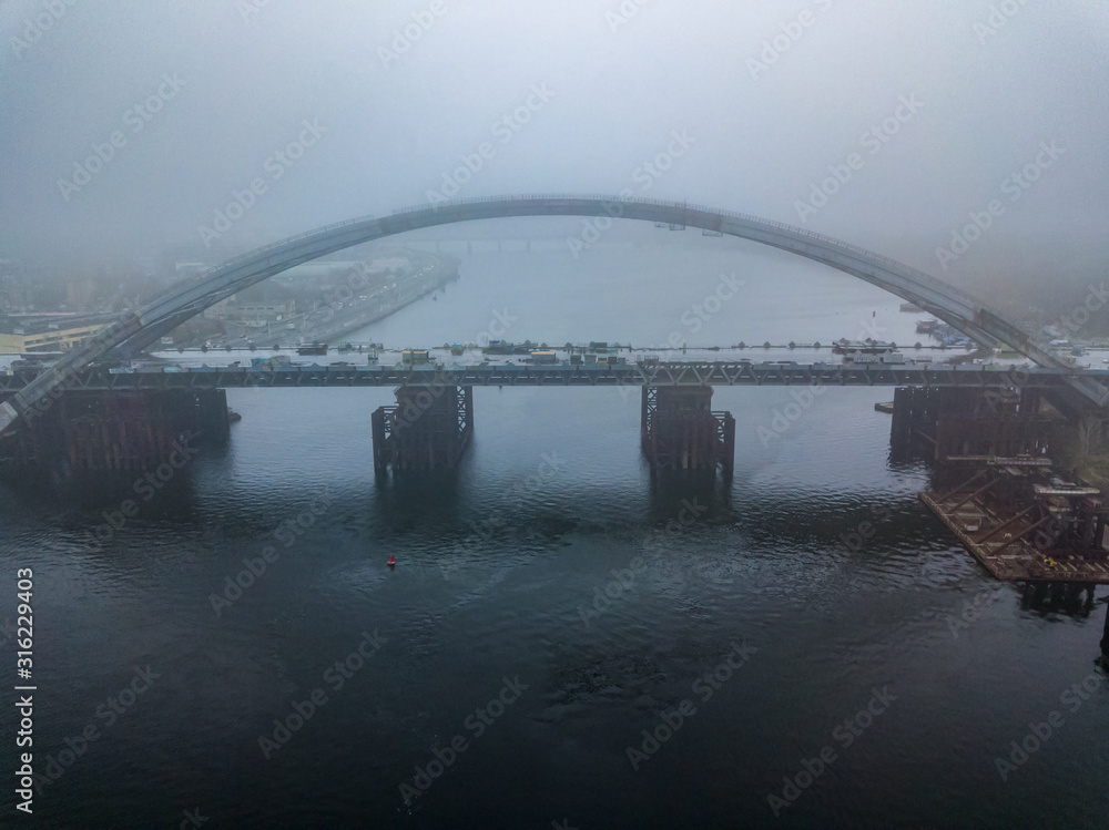 Fototapeta premium Aerial view. The bridge under construction in Kiev.