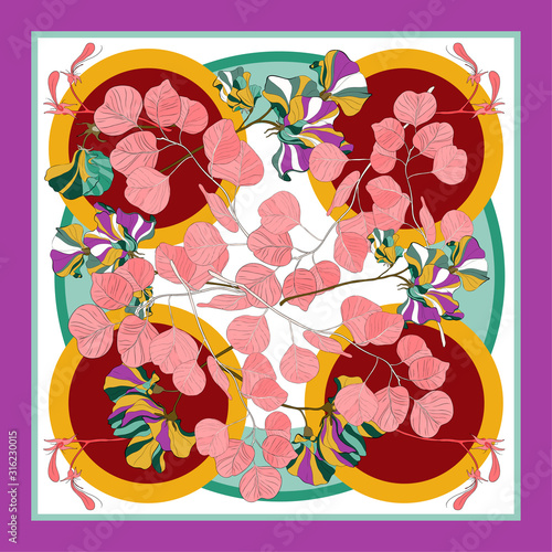 Silk scarf with abstract flowers vector pattern with hand drawn floral elements.