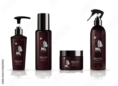 Realistic brown bottle for cosmetic cream container.  Spray bottle. Tube for ointment, lotion, balsam. Mock up bottle.  Liquid soap pump bottle. With design label.   