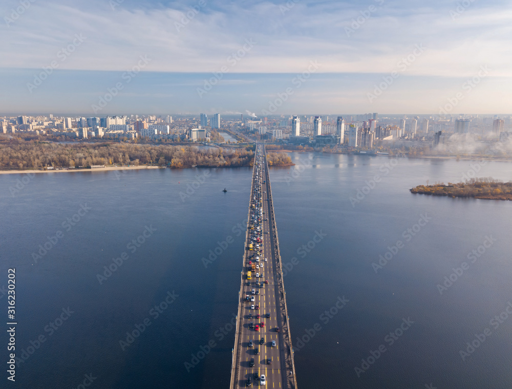 Aerial drone view. Patona bridge in Kyiv.