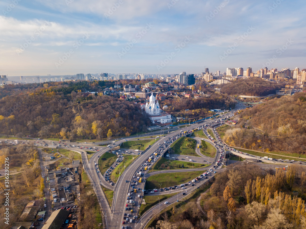 Aerial drone view. Crossroads in Kiev.