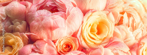 Fresh bunch of pink peonies and roses. Toned image, card Concept, pastel colors, banner size