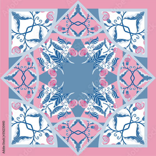Silk scarf delicat colors with abstract flowers vector pattern with hand drawn floral elements.