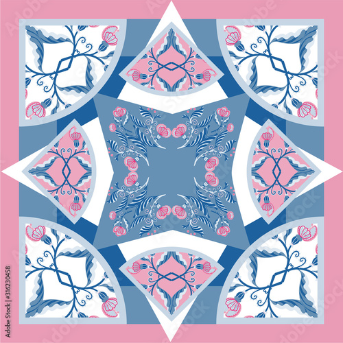 Silk scarf delicat colors with abstract flowers vector pattern with hand drawn floral elements.