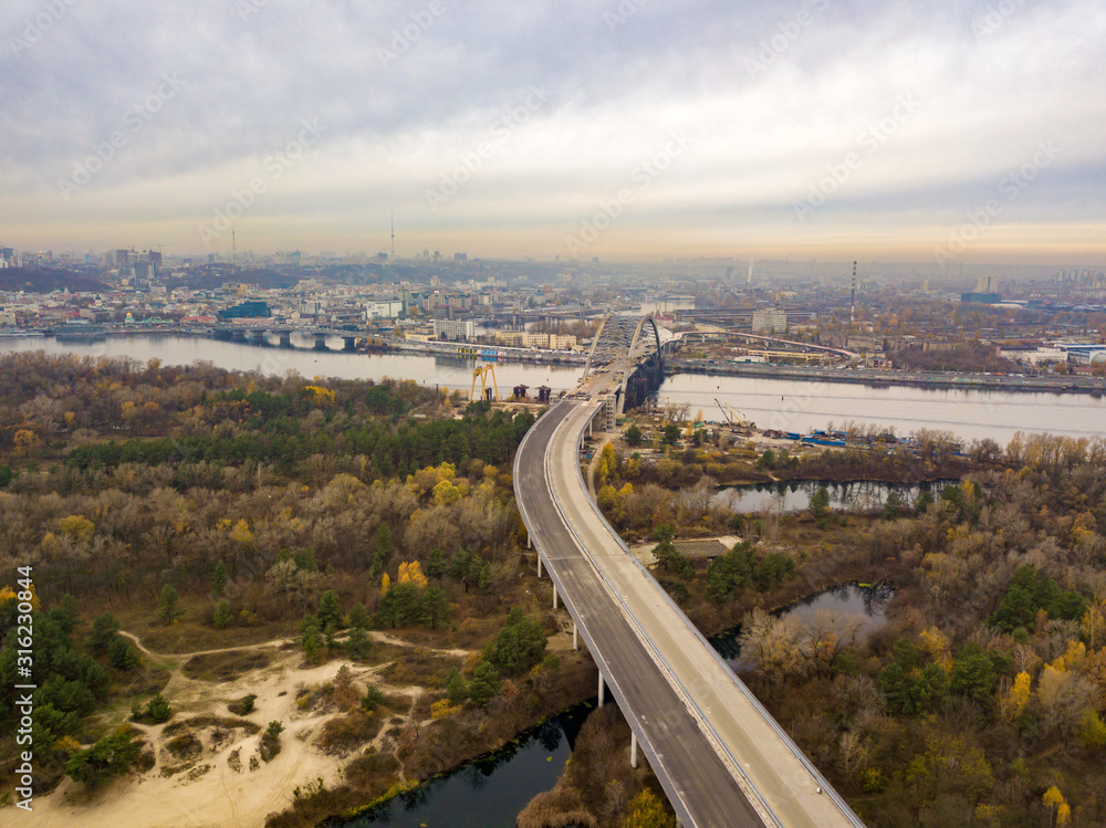 Aerial view. The bridge under construction in Kiev.