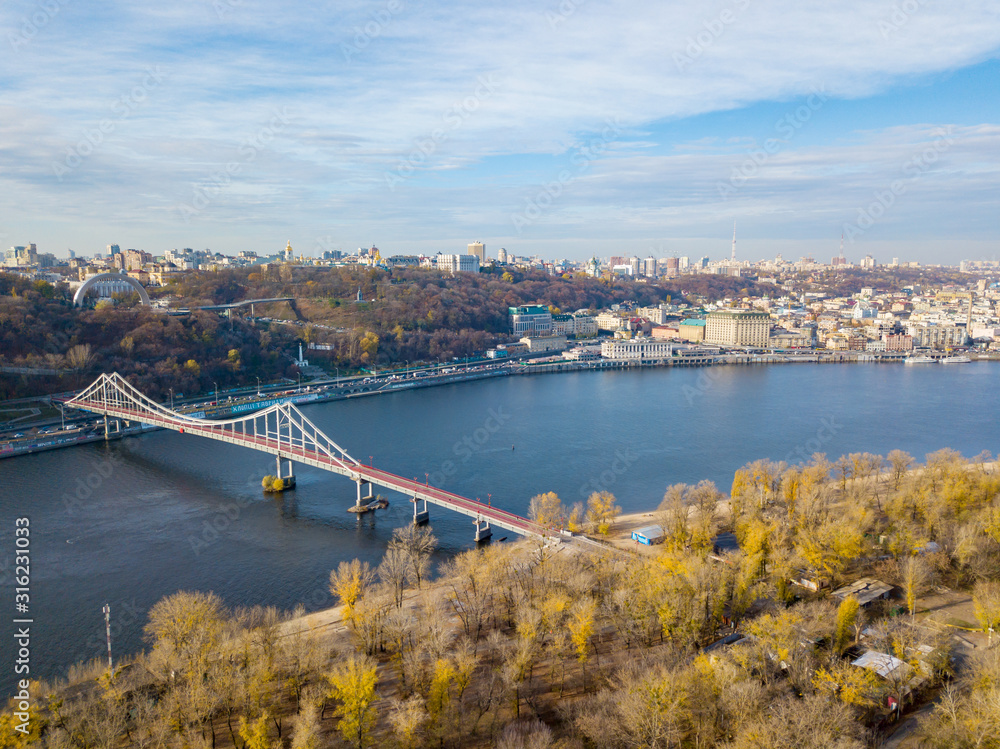 Pedestrian park bridge in Kiev.. Aerial drone view.
