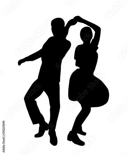 Couple on vintage retro swing jazz party. Silhouette isolated. People in 40s or 50s style dancing rockabilly,charleston,jazzlindy hop or boogie woogie. Vector human illustration in black white colors.