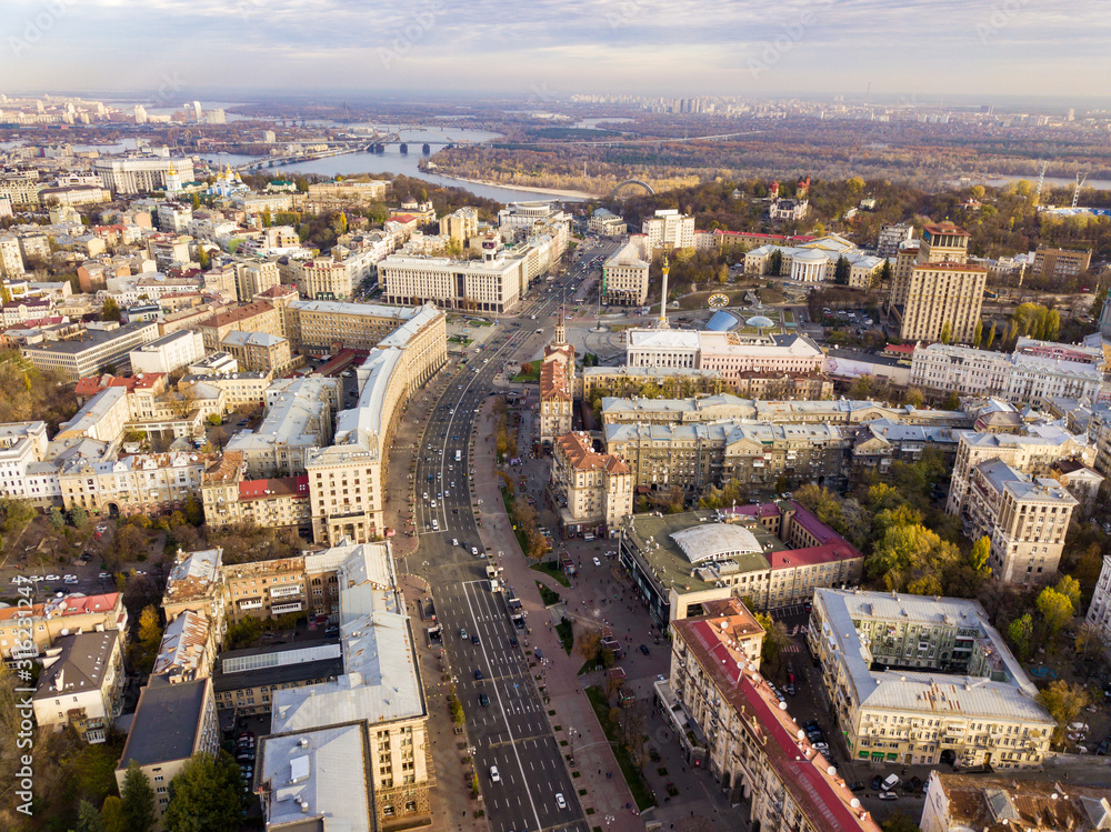 Aerial drone view. View of Khreshchatyk street in Kiev - the central street of the city