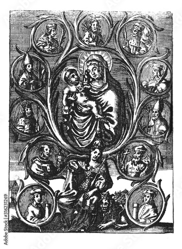 Antique vintage religious engraving or drawing of queen sitting on throne with Jesus, virgin Mary, kings and saints around.Kingdom of Bohemia.Illustration from Book Die Betrubte Und noch Ihrem