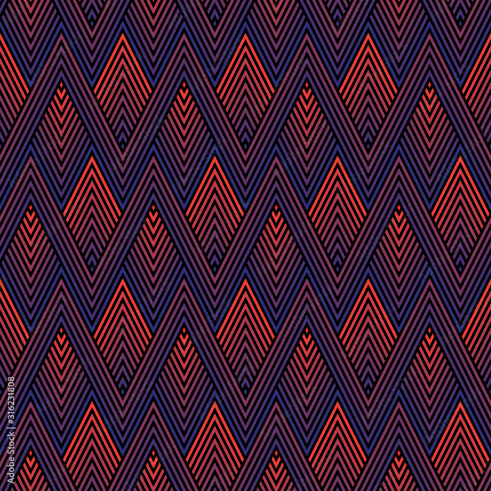 Vector abstract colorful geometric seamless pattern with zigzag lines, stripes, chevron, halftone rhombuses. Creative sport style texture. Trendy graphic background. Red, blue, purple and black colors
