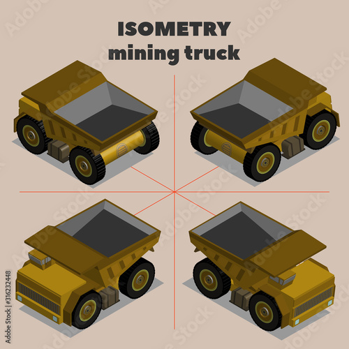 Isometric 3D yellow mining truck with a narrow cab and an empty body in four projections