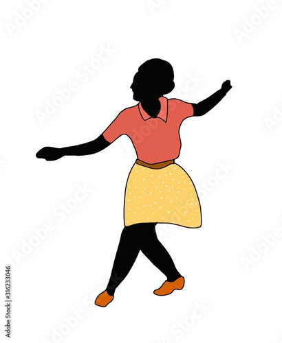 Swing jazz party time. Dancing couples isolated on white in cartoon style. People in 40s or 50s style. Men and women on swing, jazz, lindy hop or boogie woogie party. Vector vintage illustration.
