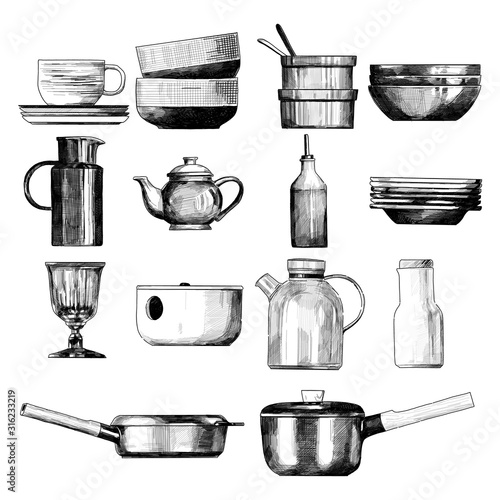home tableware set, sketch vector graphics monochrome illustration on white background