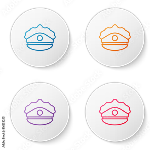 Color line Police cap with cockade icon isolated on white background. Police hat sign. Set icons in circle buttons. Vector Illustration