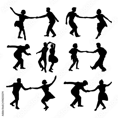 Set silhouette dancing people in a retro swing isolated. People in 40s or 50s style dancing rockabilly,charleston, jazz,lindy hop or boogie woogie. Vector human illustration in black and white colors.