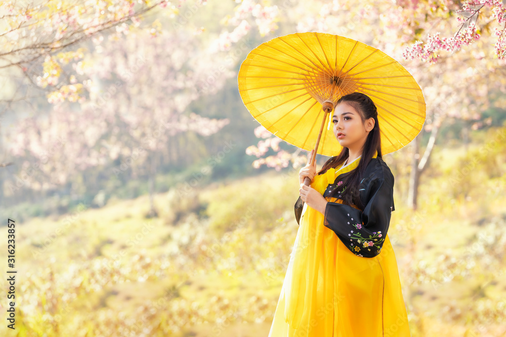 Pretty Korean girls wearing traditional Hanbok dress in Seoul
