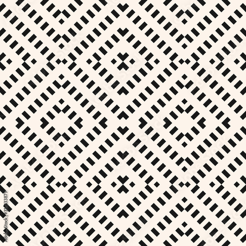 Vector geometric seamless pattern. Black and white abstract graphic background with diagonal lines, squares, small rhombuses. Repeat monochrome ethnic texture. Design for decor, textile, furniture
