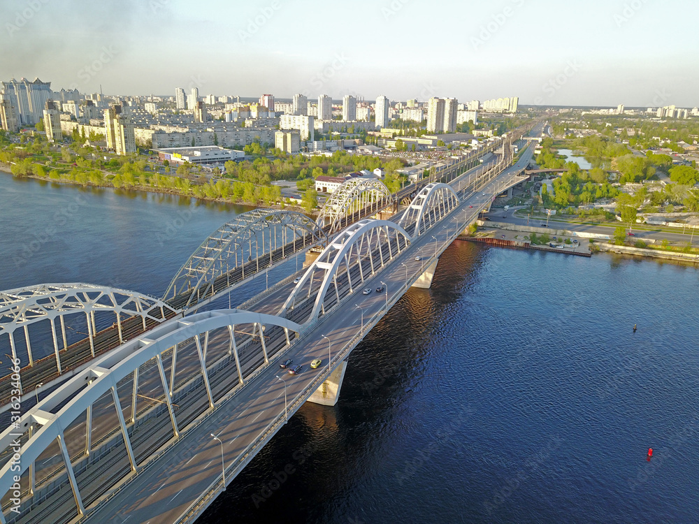 Aerial drone view. Road-rail bridge over the Dnieper River in Kiev.