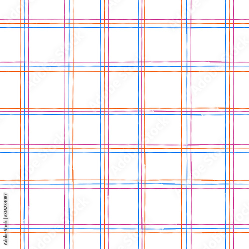Vector plaid summer seamless pattern. Thin hand drawn grid lines background. Pen strokes on white background.