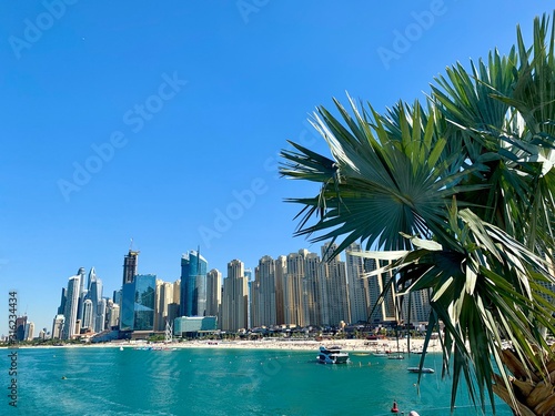 View on the palm, beach and buildings of Dubai