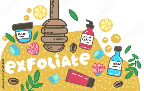 Handwritten inscription surrounded by cosmetics, flowers, plant elements, honey, oranges and coffee beans. Skin care concept, organic cosmetics. Peeling procedure.