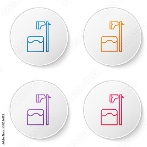 Color line Executioner axe in tree block icon isolated on white background. Hangman, torturer, executor, tormentor, butcher, headsman. Set icons in circle buttons. Vector Illustration