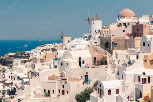 Classic view on the buildings and decoration at the FIra - capital of Santorini, Greece
