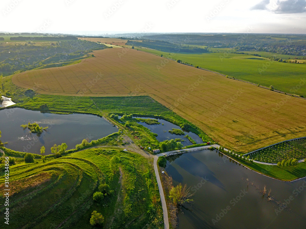 Aerial drone view. Lakes among agricultural fields.