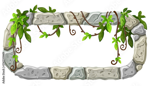 Stone board decoration liana branches and tropical leaves. Isolated vector cartoon square frame with space for text on white background.