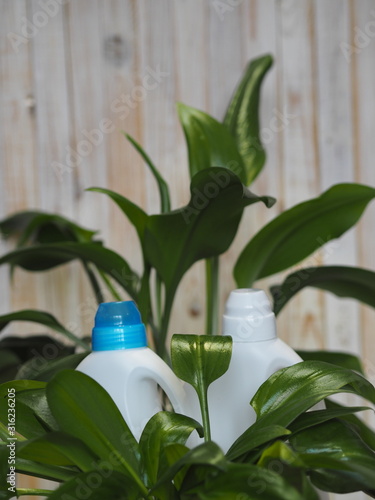 Green leaves of a plant against the background of plastic bottles of detergent. The concept of bioorganic detergent product.