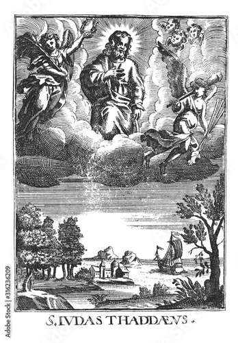 Antique vintage religious allegorical engraving or drawing of Jude or Judas Thaddaeus in heaven above the seaside landscape.Illustration from Book Die Betrubte Und noch Ihrem Beliebten..., Austrian