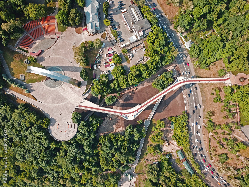 Aerial drone view. Glass foot bridge in Kiev.