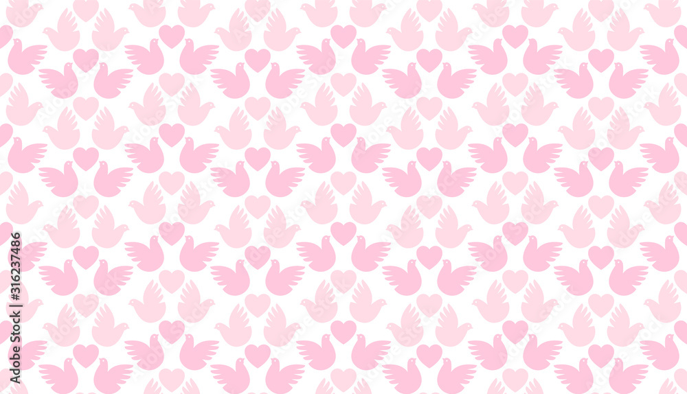 Valentine's Day holiday background, seamless love pattern of hearts and pigeons, simple vector for you design