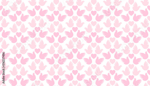 Valentine's Day holiday background, seamless love pattern of hearts and pigeons, simple vector for you design