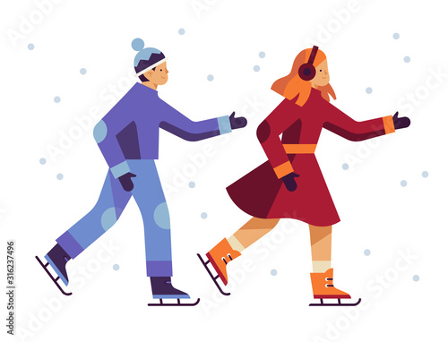 Friends skating in winter outdoor activities isolated 