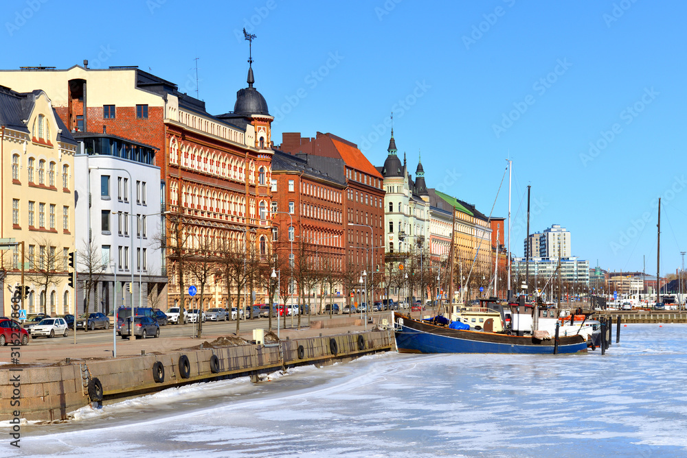 Pohjoisranta embankment in spring sunny day. Helsinki, Suomi