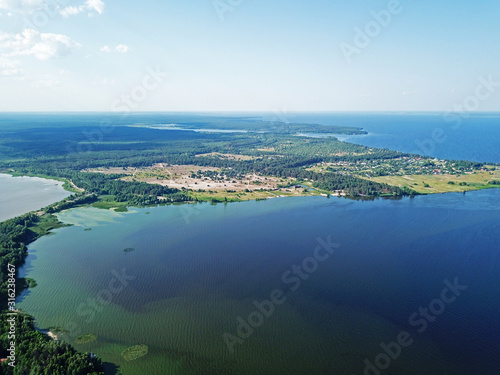 Aerial drone view. The spills of the Dnieper near Kiev.